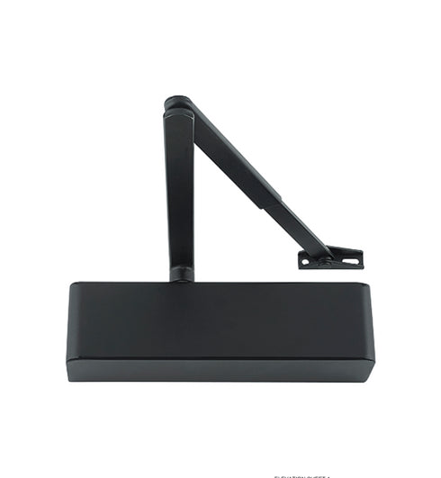 Overhead view of Black Hoppe Arrone Door Closer AR1500 Item 50023895 installed on timber door with jet black finish